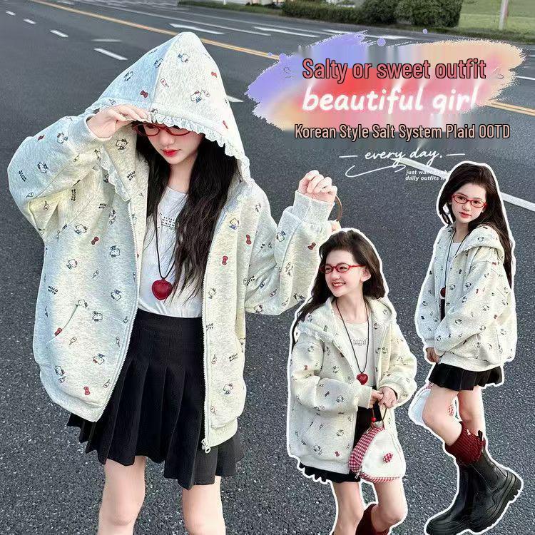 

Детская куртка с капюшоном и кружевом с мультяшным принтом - Модный корейский кардиган на молнии 2025 года для осени 170cm