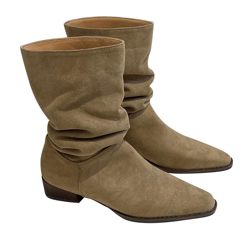 Mid-tube Western Cowboy Stacking Boots Women's Summer Thin Spring and Autumn Single Boots Suede Pointed Short Tube Skinny Leg Knight Short Boots