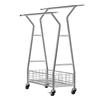 Clothes Rack, Rolling Clothing Garment Rack with 2 Hanging Rods and Storage Basket, 150 kg Load Capacity, Extendable Carbon Steel Clothing Racks with