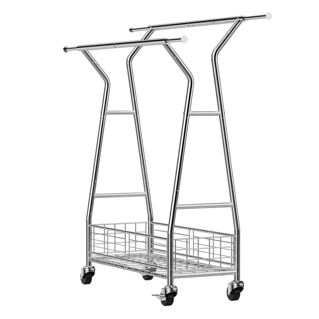 Clothes Rack, Rolling Clothing Garment Rack with 2 Hanging Rods and Storage Basket, 150 kg Load Capacity, Extendable Carbon Steel Clothing Racks with