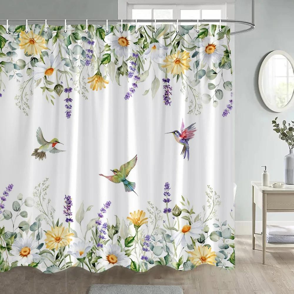 Kolibris Duschvorhang Weiß Blumige Pflanze Aquarellkunst Modern Einfach Stoff Badezimmer Vorhänge Heim Badewannen Dekor Haken