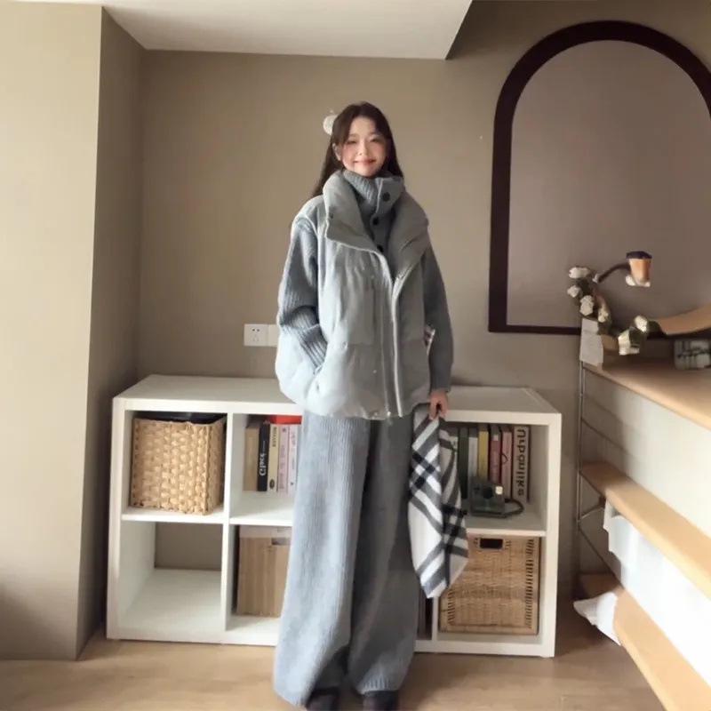 Retro Three-Piece Winter Set: Grey Knitted Cardigan, Warm Cotton Vest, and Cozy Pants