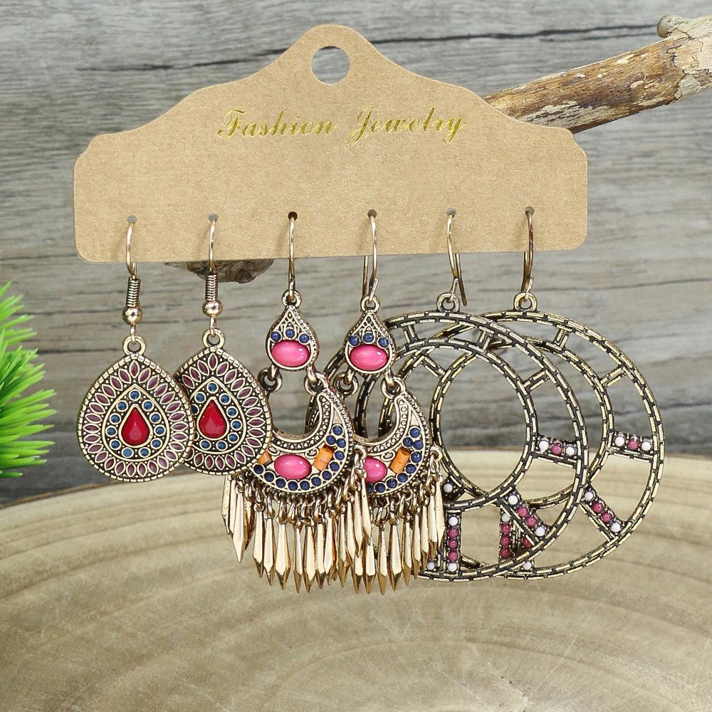 Bohemian Ethnic Style Earrings Set for Women Creative Retro Drop Oil Rhinestoen Water Drop Tassel Earring Female Jewelry
