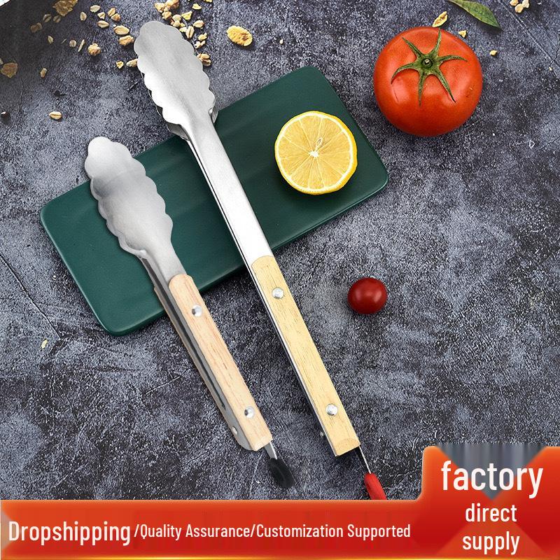 Stainless Steel Wooden Handle Silicone Barbecue Tongs - Heat Resistant Bread & Food Tongs