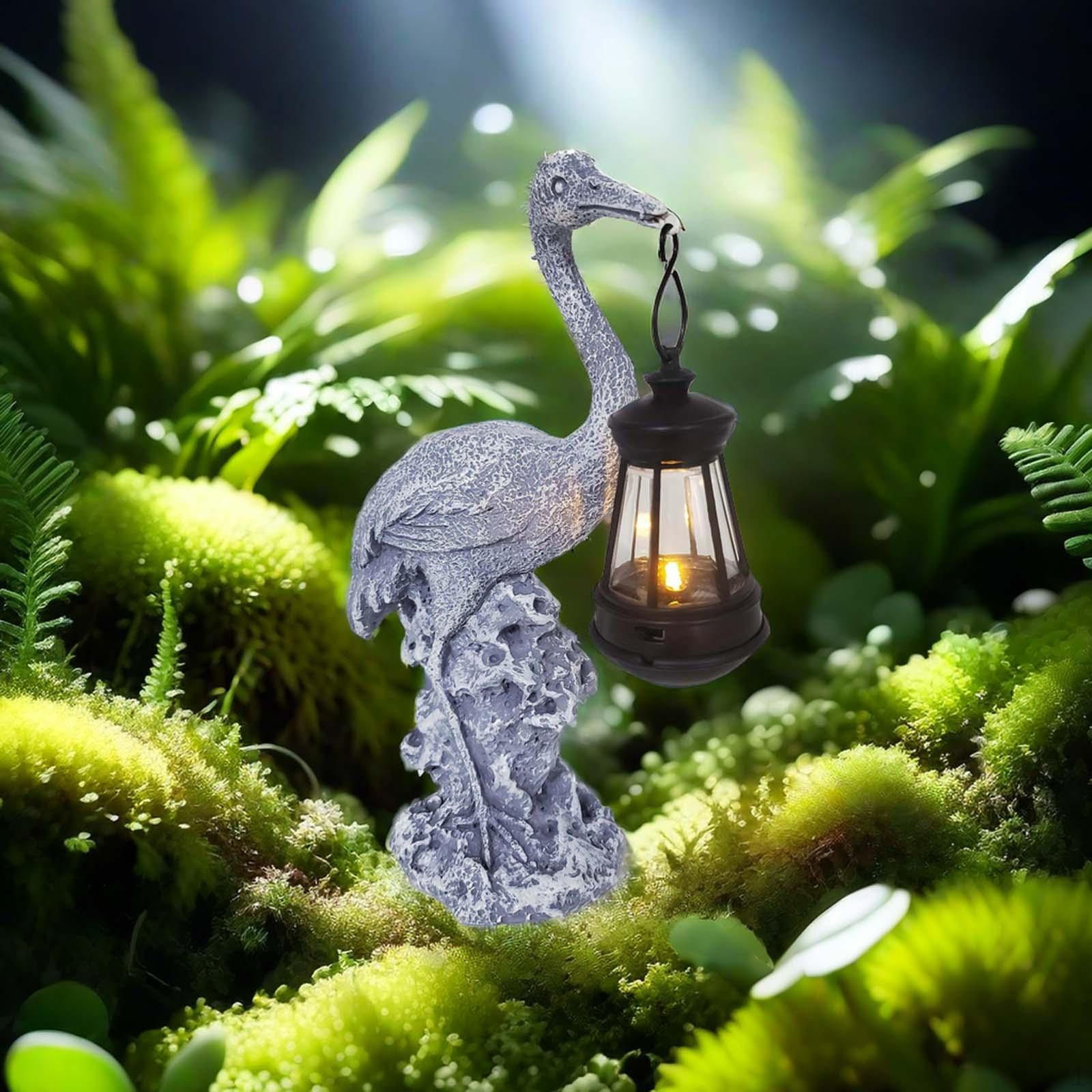 Crane Figurine Hanging Lantern Garden Statue with Solar Light Resin Bird Sculpture