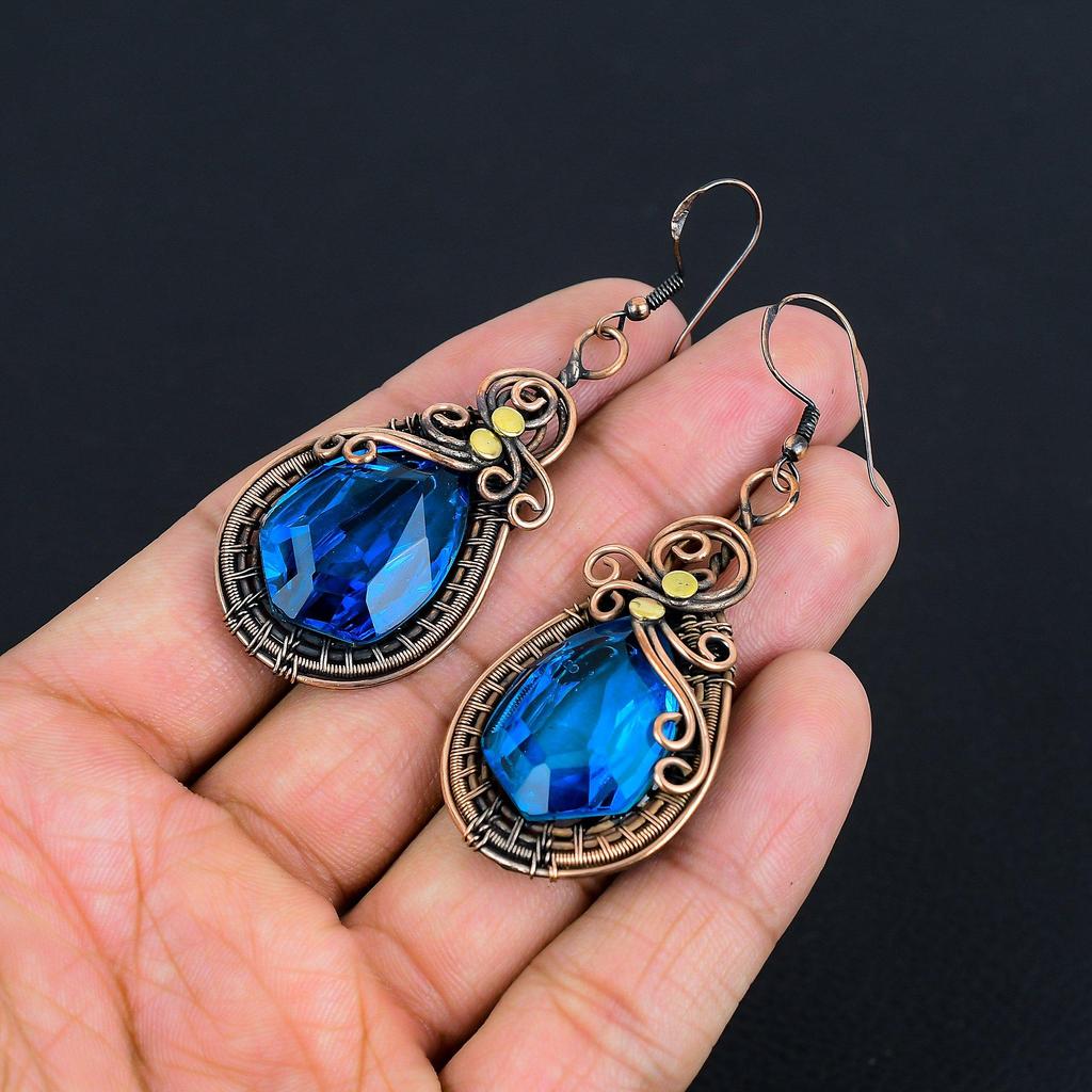 Blautopas Ohrringe, 999 Kupferdraht umwickelte Edelsteinschmuck, Handgefertigte Ohrringe, Für Thanksgiving