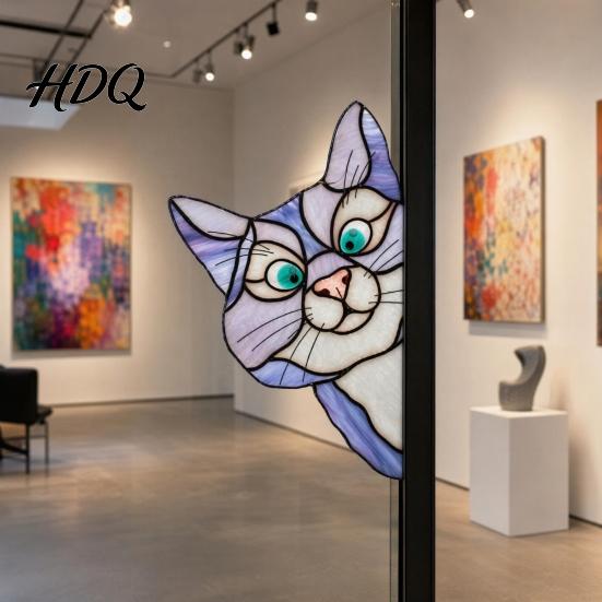 Sunlight Catching Cat Sticker Stained Glass Window Cling Vintage Colorful Kitty Decal Removable Static Cling for Door Wall Car UV-Resistant