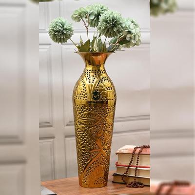Iron Decorative Flower Vase - 17 Inches, Handcrafted Gold Finish with Floral Design, Perfect for Home Décor,