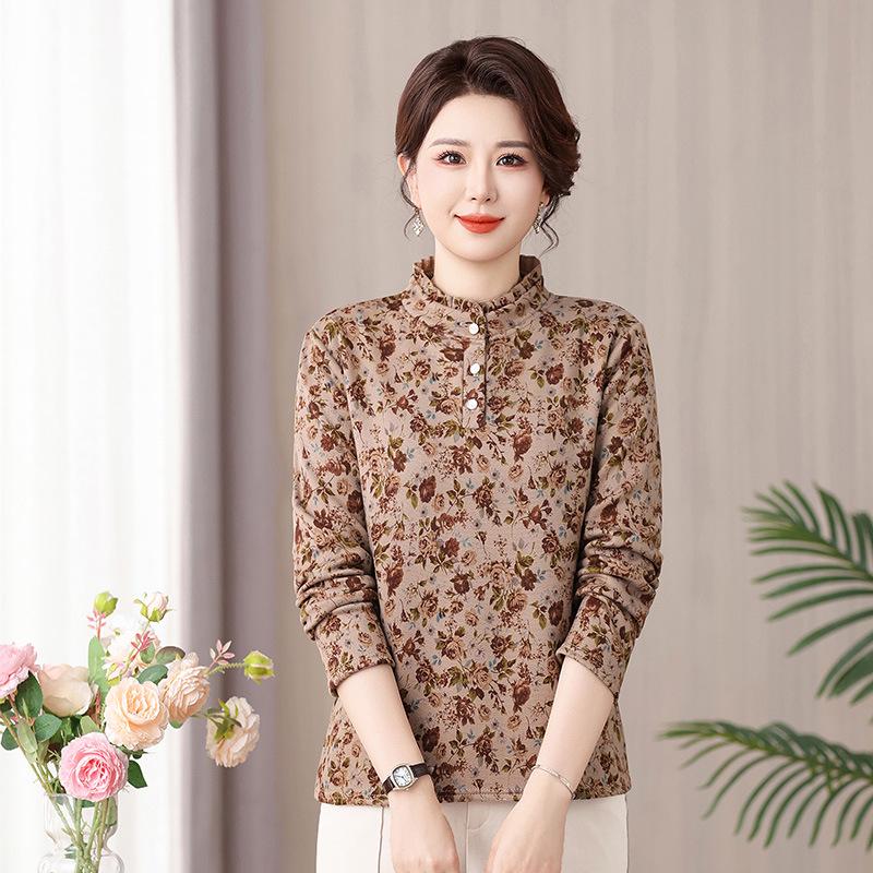 

Stylish Printed Long-Sleeve T-Shirt for Middle-Aged & Elderly Women - Autumn/Winter, Warm Base Layer, Plus-Size, Velvet Mom s Wear. 4XL (135-150 lbs)