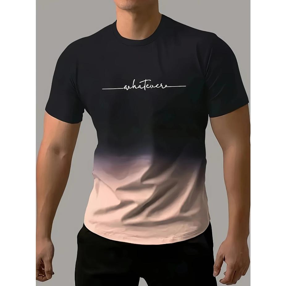 Summer Men's Gradient Color Casual Stretch Sports T-shirt, Round Neck Tee Shirt For Fashion