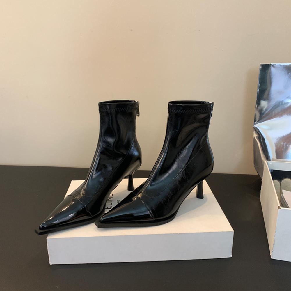 Fashion Black Silver Brown Women Ankle Boots Pointed Toe Short Sock Booties Thin High Heels Back Zipper Solid Color Fashion Dress Shoes