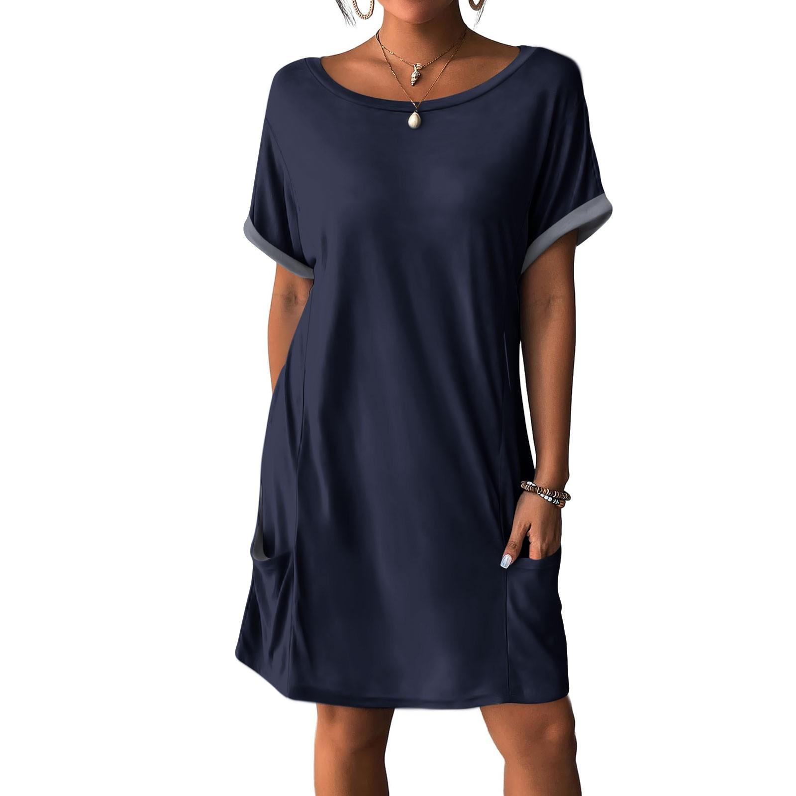 

Женские платья Футболки Платья с карманами Однотонные повседневные пляжные платья XXL тёмно-синий