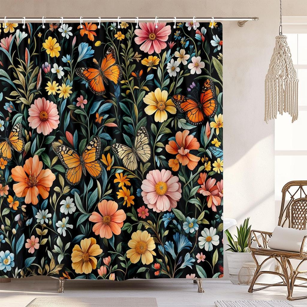 Vintage Boho Shower Curtain Black and Gold Floral Bathroom Aesthetic Decorative, Funny Rustic Bee Daisy Flowers Witchy Eclecti