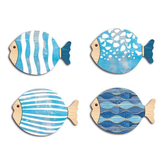 4 Pcs Wooden Fish Wall Decor Rustic Beach Nautical Wood Art Coastal Themed Wall Hanging Sign for Home Lake House Bathroom Decor