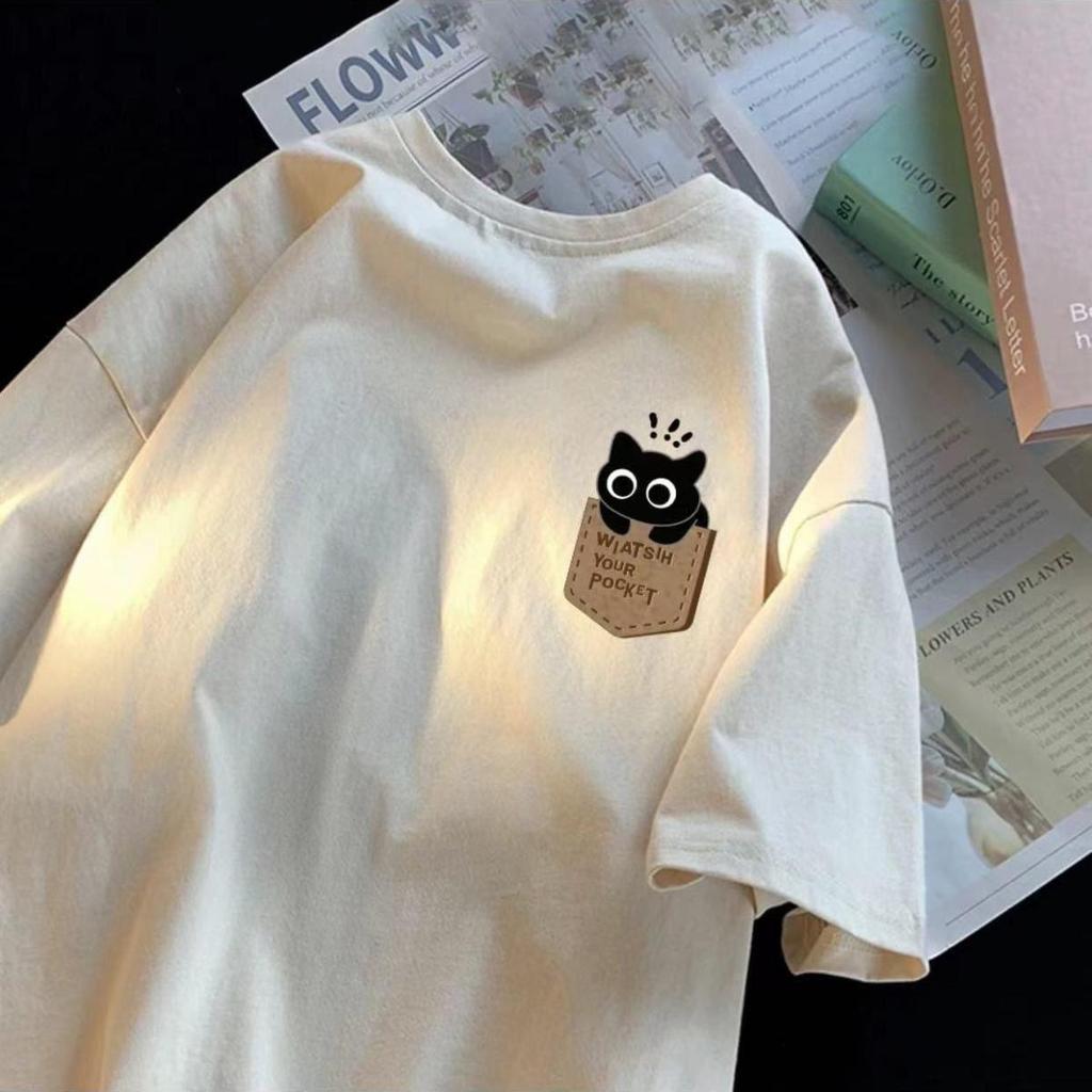 Couple's American-Style Cotton T-Shirt with Fake Pocket Print