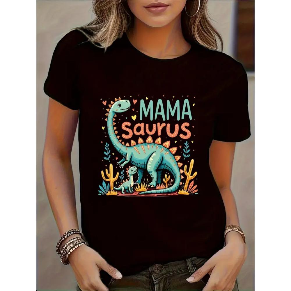 Fun Tyrannosaurus Rex Print T-shirt Retro Soft Round Neck Short Sleeved Shirt - Mother's Day Women's Gift