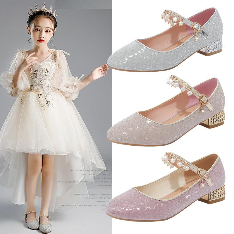 Girls leather shoes high heels little girl piano performance crystal shoes dress catwalk performance princess children shoes spring and autumn