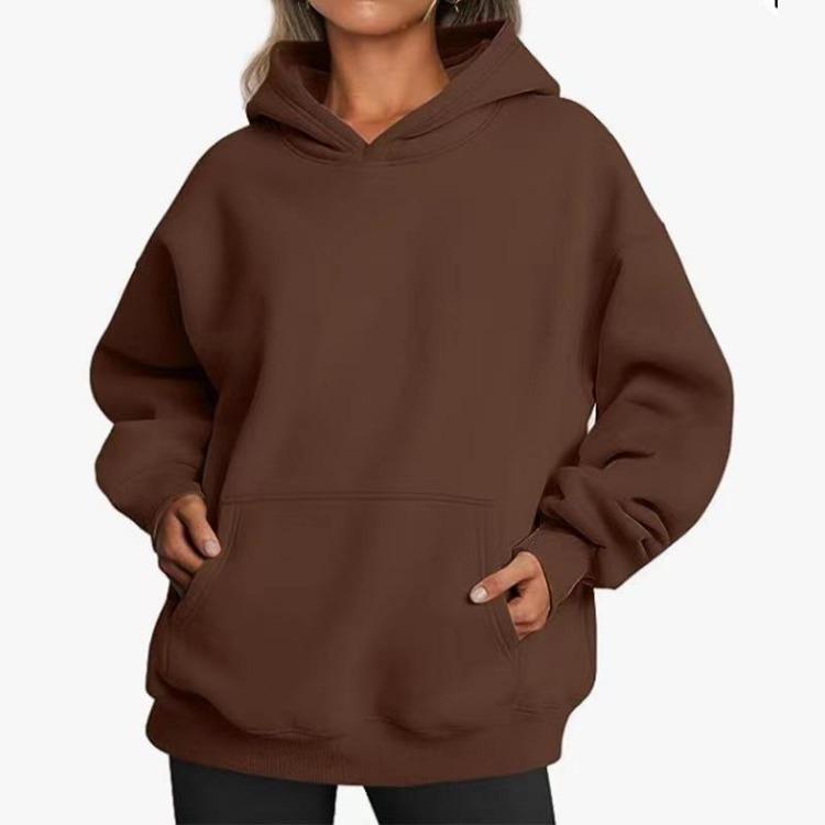 Women’s Hip Hop Street Style Fleece Hooded Sweatshirt Loose Fit Long Sleeve Warm Winter Autumn Solid Color with Pockets