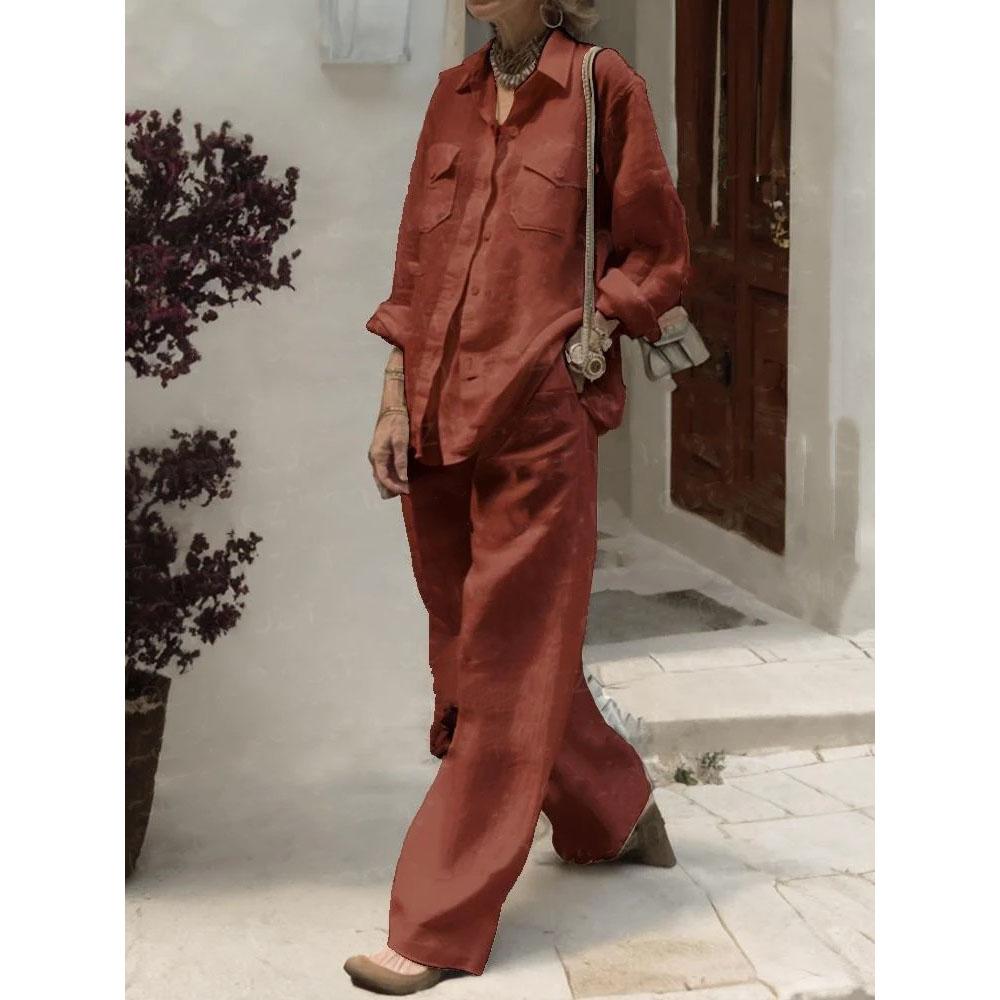 Fashion Loose Cotton Linen Trousers Green Sets Women's Spring Autumn Lapel Shirt Solid Pocket Wide Leg Pants Two Piece Sets