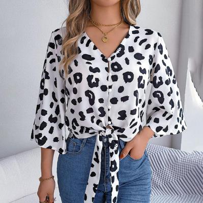 Camicette da donna a maniche lunghe con scollo a V e stampa leopardata temperamento primavera autunno