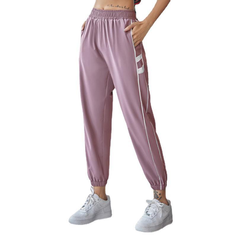 Juyitang Women's High-Waist Striped Yoga Leggings - Summer Slim Fit Nine-Point Running Pants