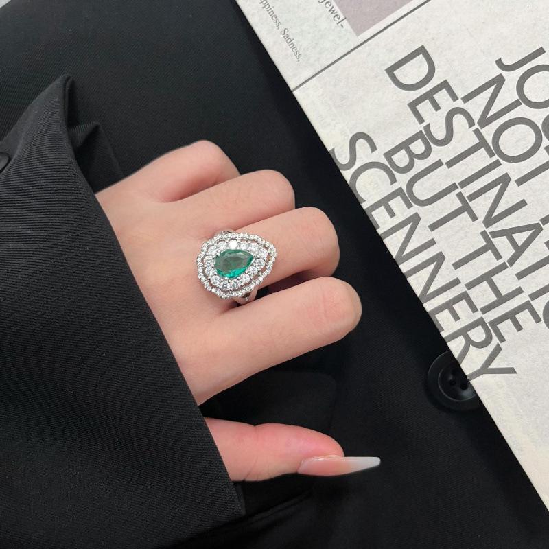 Emerald Teardrop Ring, Earring, and Necklace Set with Zirconia Accents