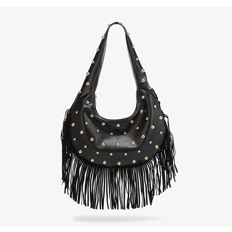 Yogodlns Fashion Personality Women's Underarm Bag Retro Leather Texture Tassel Rivet Bag Versatile Simple Trend Shoulder Bag