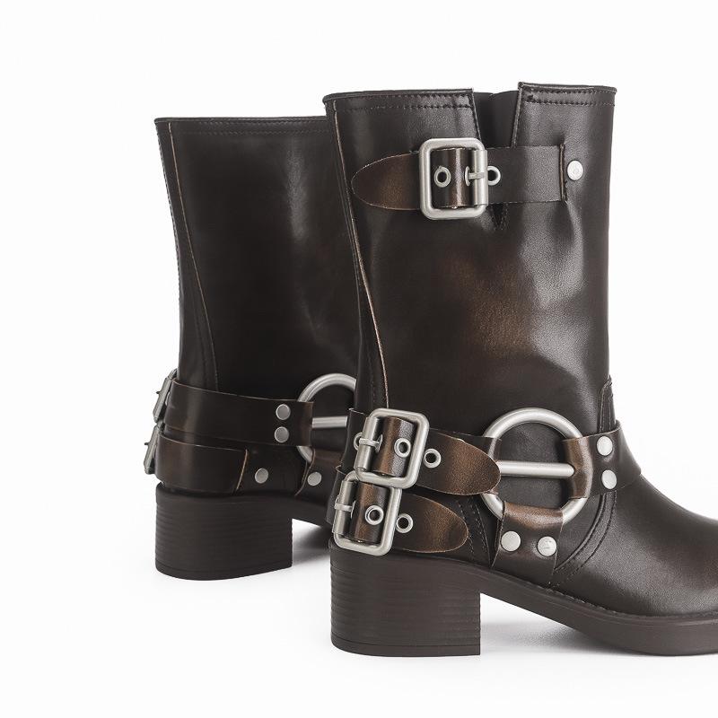 Polierte Retro-Western-Cowboystiefel Ritterstiefel dicker Absatz mittelhohe Zigarettenstiefel 2025 neue eckige Spitze Lokomotivstiefel