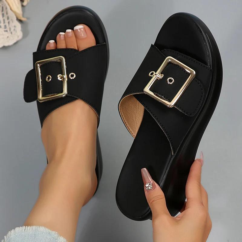 Modne Damskie Sandały Metalowa Klamra Koturn Sandały Damskie Lato 2025 Skóra Gruba Podeszwa Klapki Damskie Lekkie Sandały Plażowe Na Wysokim Obcasie