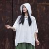 Women's Cotton Linen Hooded Frog Button T-shirt - Autumn/Winter Short Sleeve Sun Protection