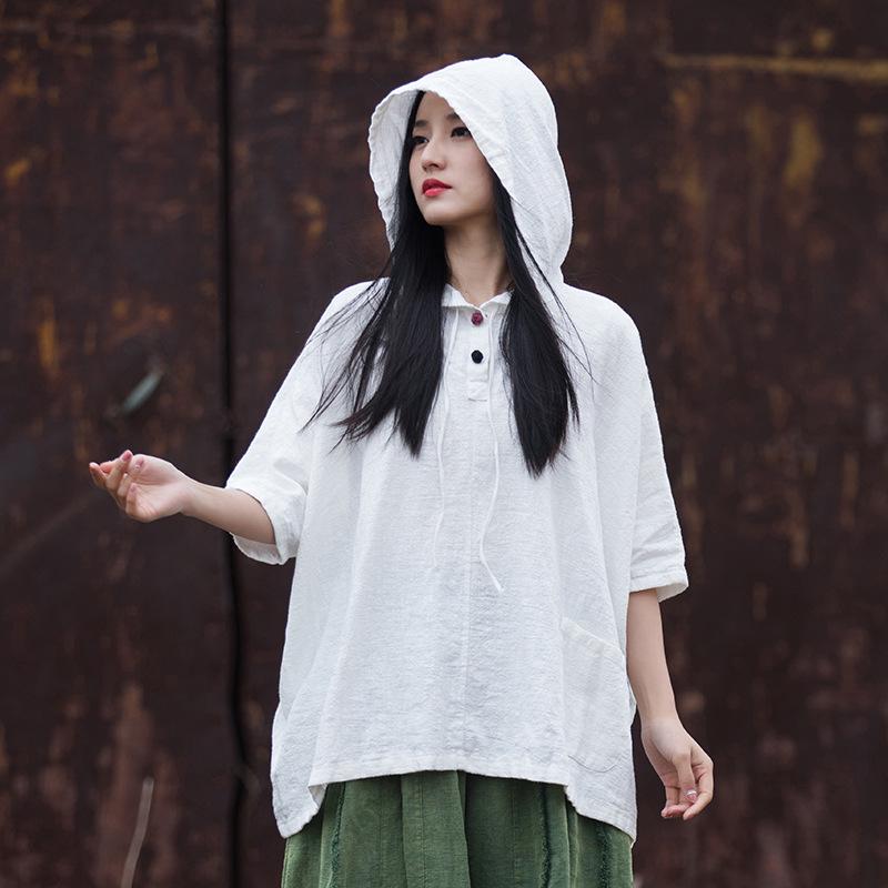 Women's Cotton Linen Hooded Frog Button T-shirt - Autumn/Winter Short Sleeve Sun Protection