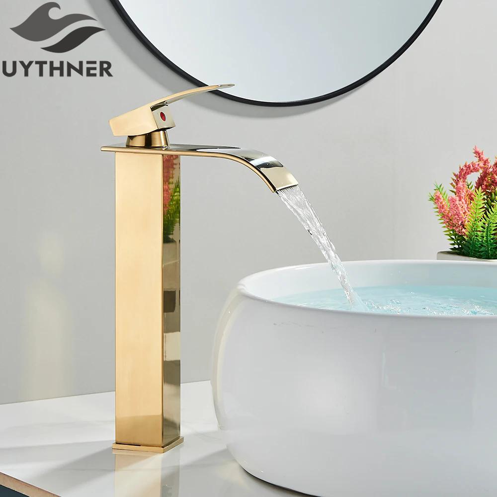 Brushed Golden Basin Faucets Elegant Waterfall Bathroom Sink Faucet Single Lever Hole Deck Mount Brass Mixer Taps