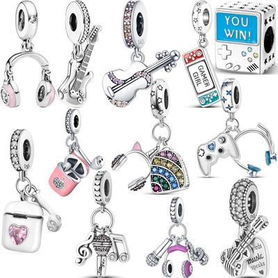 Nové 925 mincové striebro herná konzola Gitarový headset Hudobný prívesok Korálky Urob si sám OriginálNový náramok kúzlo Dámske šperky