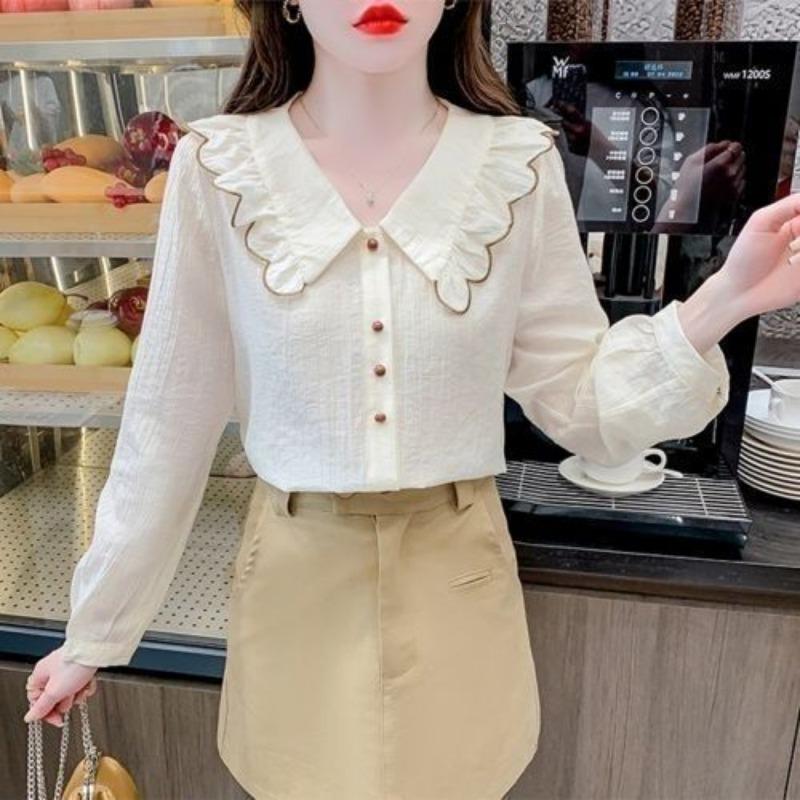 Spring and Autumn Doll Neck Shirt for Women Short Sleeves Shirt Temperament Loose Top