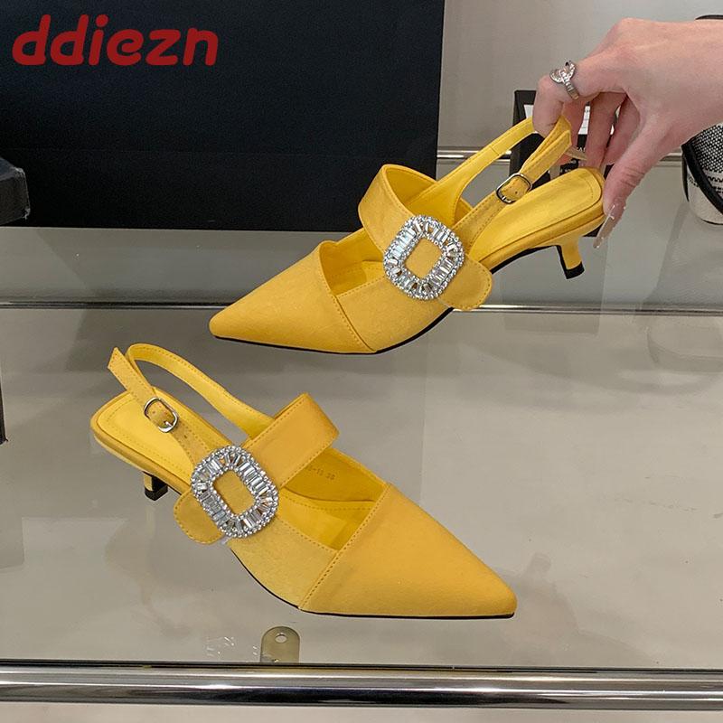 Fashion Luxury Fashion Rhinestones Party Ladies Thin Heels Sandals Shoes Female Buckle Footwear Women Medium Heels Sandals Pumps Shoes