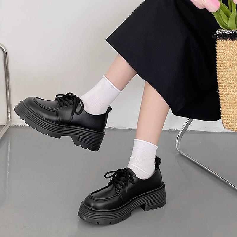 Thick Heel Heightened Thick Sole Small Leather Shoes Women's Spring and Summer Retro Lace-up Single Shoes Round Head Women's Shoes