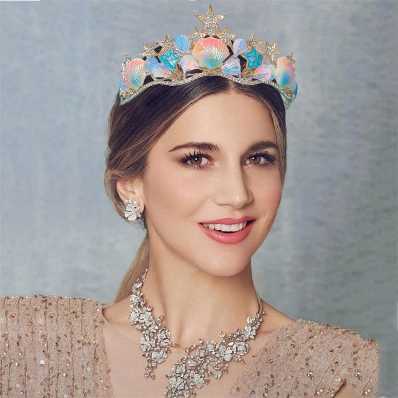 Handmade Sea Shell Star Fish Crown Headband for Ocean Themed Costume Parties and Bridal Accessories Hair Styling Crowns