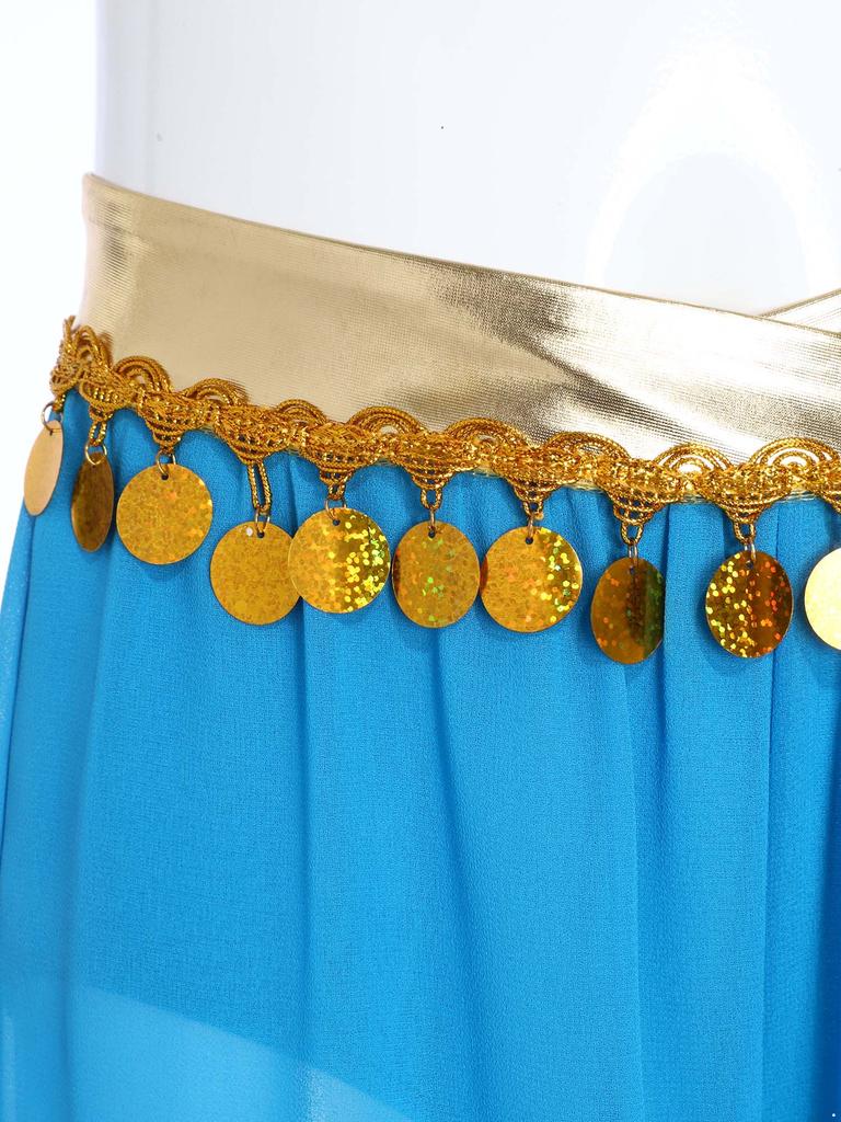 Mädchen Bauchtanz Kostüm Patchwork Pailletten Quasten Hose Eingearbeiteter Slip Elastische Beinöffnung Hose