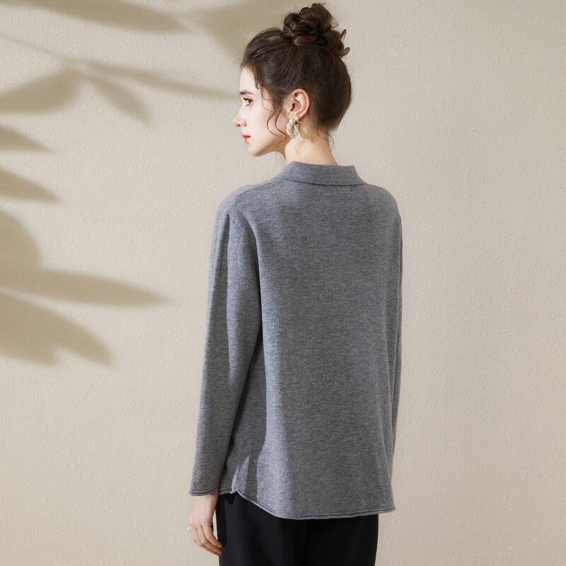 TUHUANG Women's Pure Wool Polo Collar Knit Top