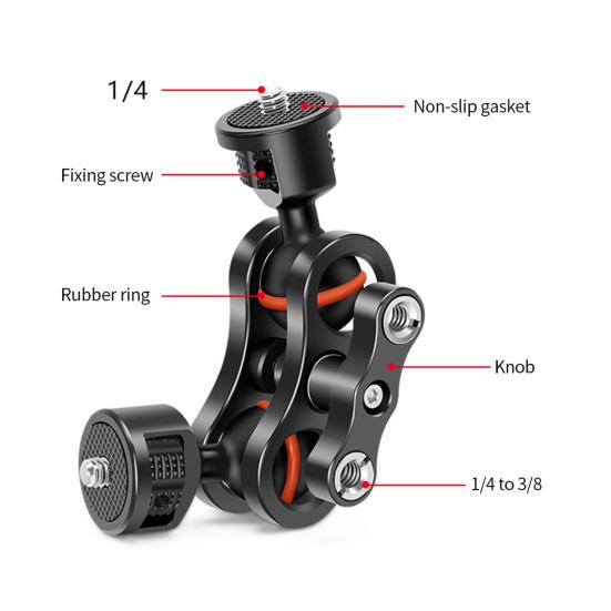 Double Ball Arm Camera Mount 1/4-inch Thread Aluminum Alloy Rotatable Ball Head LED Fill