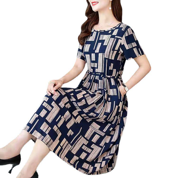 Plus Size Summer Dress for Middle-Aged & Elderly Women - Short Sleeve, Mid-Length - Southeast Asian Style