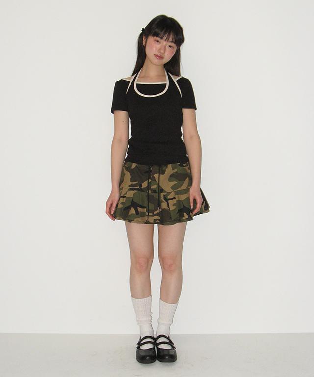 Ronron Pleats Banding Mini Skirt Camouflage