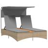 Double Sun Lounger with Canopy and Cushions Beige Poly Rattan