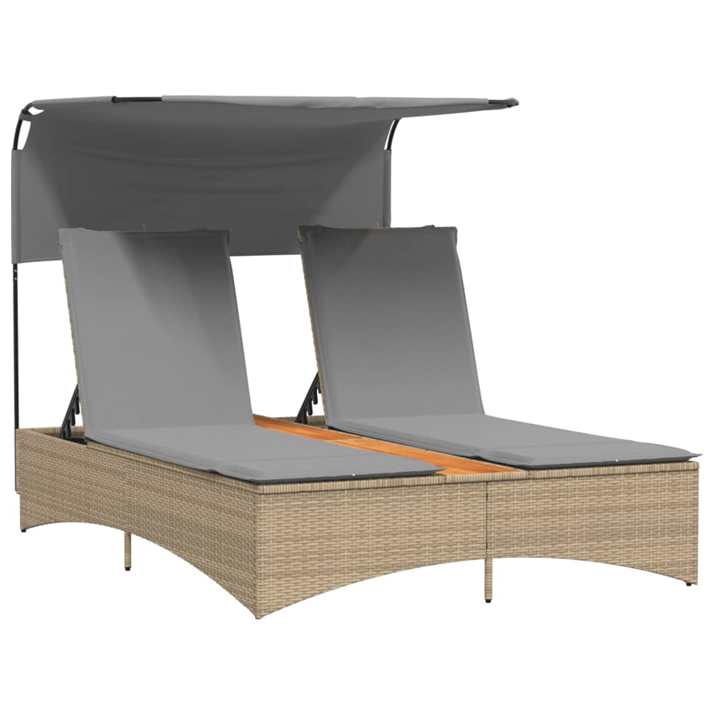 Double Sun Lounger with Canopy and Cushions Beige Poly Rattan