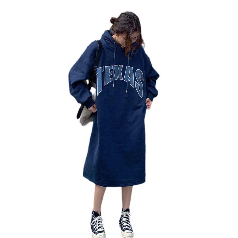 New Autumn and Winter Fat MM Lazy Style Loose and Slim Plus Velvet Thick Hooded Over-knee Long Sweatshirt Dress for Women