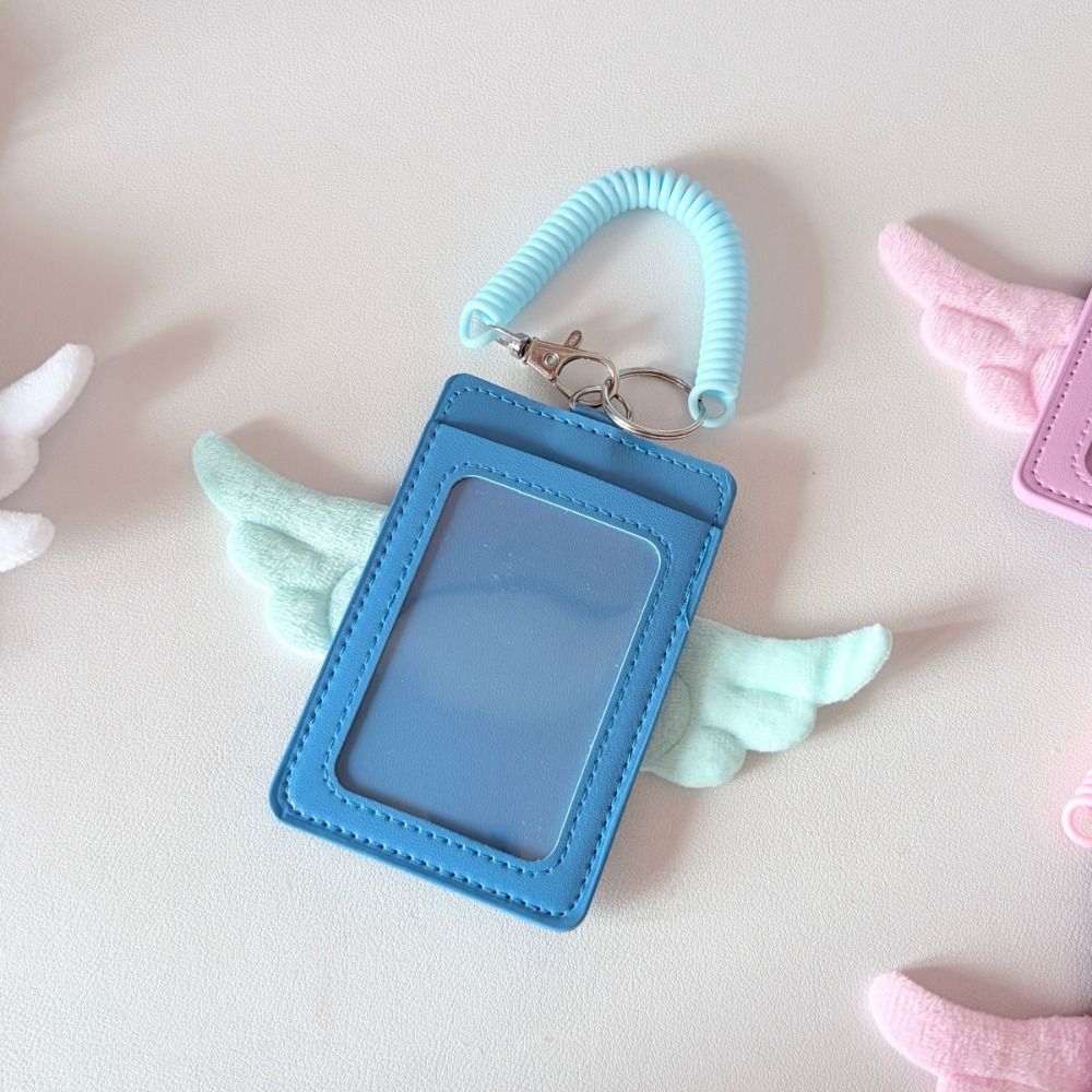 PU Leather Kpop Photocard Holder 2 Card Slot Photo Display Credit ID Card Protective Case Angel Wings Keychain Card Bag