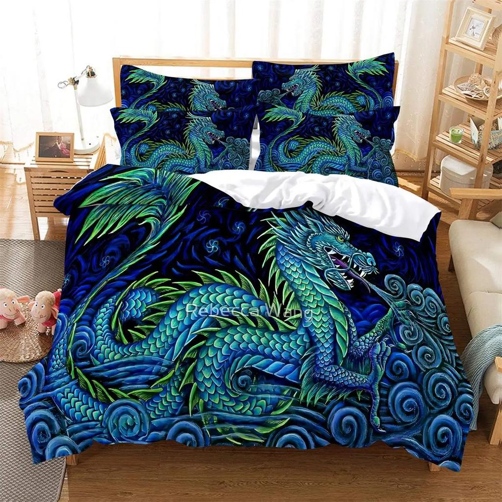 Boys Dragon Comforter Cover Queen Queen Full Size Colorful Dragon With Wing Bedding Set Trippy Magical Animal Duvet Cover Set
