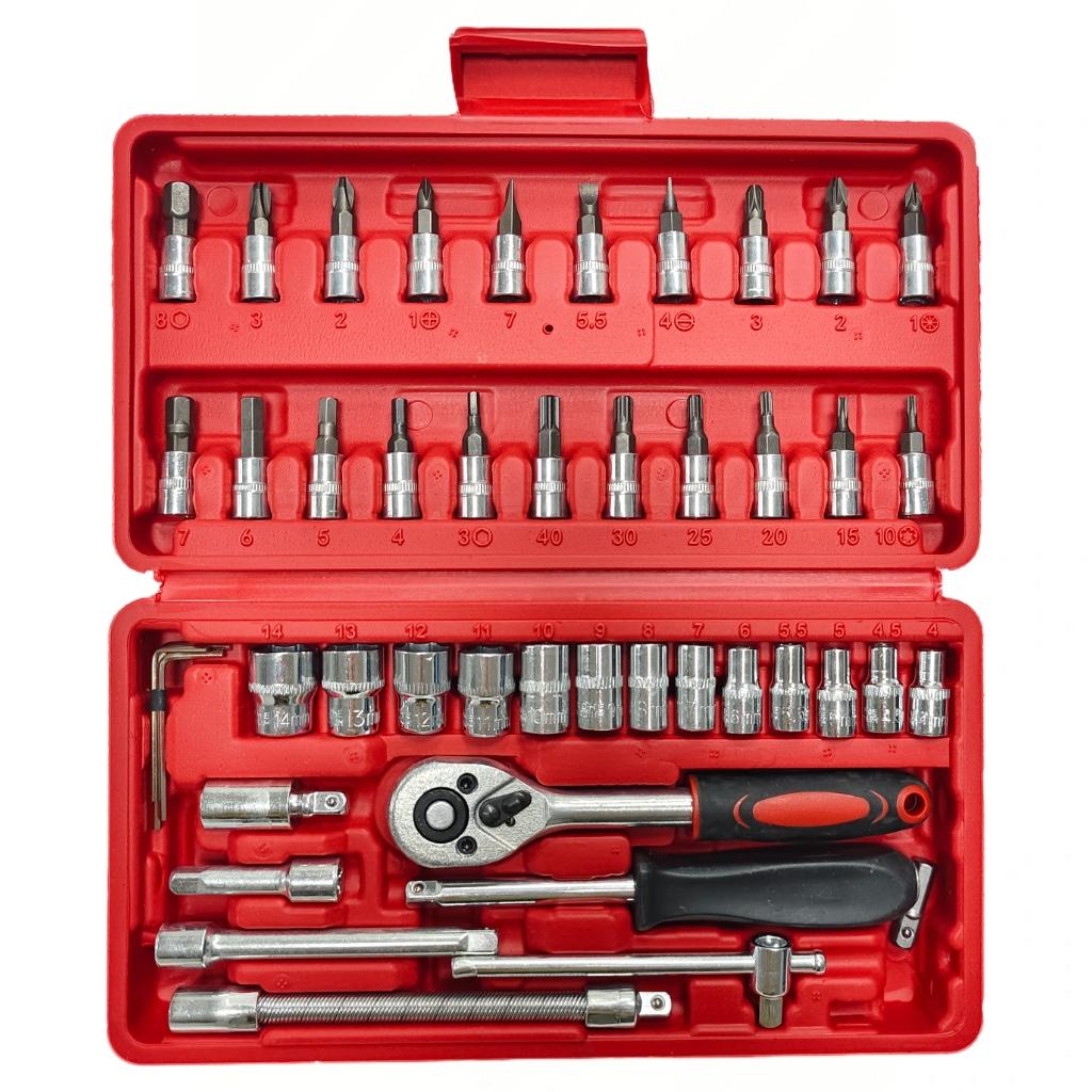 46PCS Master Mechanic Tool Kit with 3/8" Ratchet, SAE/Metric Sockets, Torx/Hex Bits, Extension Bars - Professional Grade