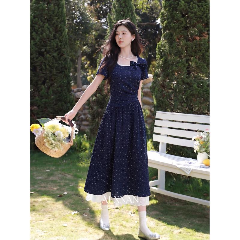 Polka Dot French Short Sleeve Lyocell Long Dress S