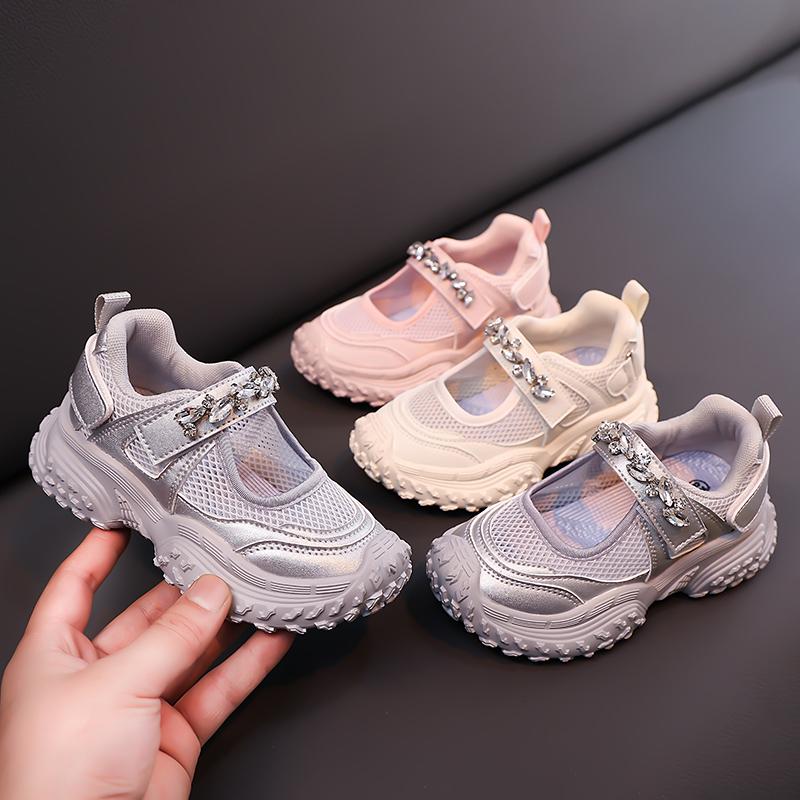 Girls Sneakers Non-slip Cushion Kids Princess Shoes Shiny Crystal 2025 Summer New Children Sports Shoes Breathable Mesh Trendy